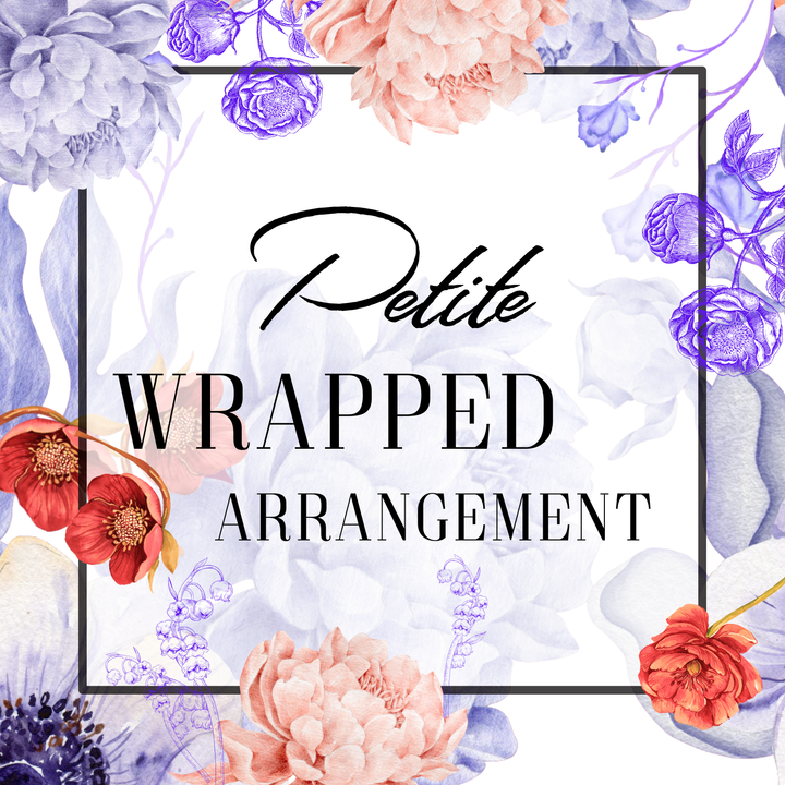 Floral arrangement with text 'Petite Wrapped Arrangement' on a floral background