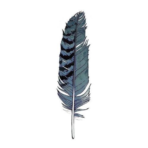 Tattly Tattoos | A digitally drawn blue/purple feather with black stripes on the left side.