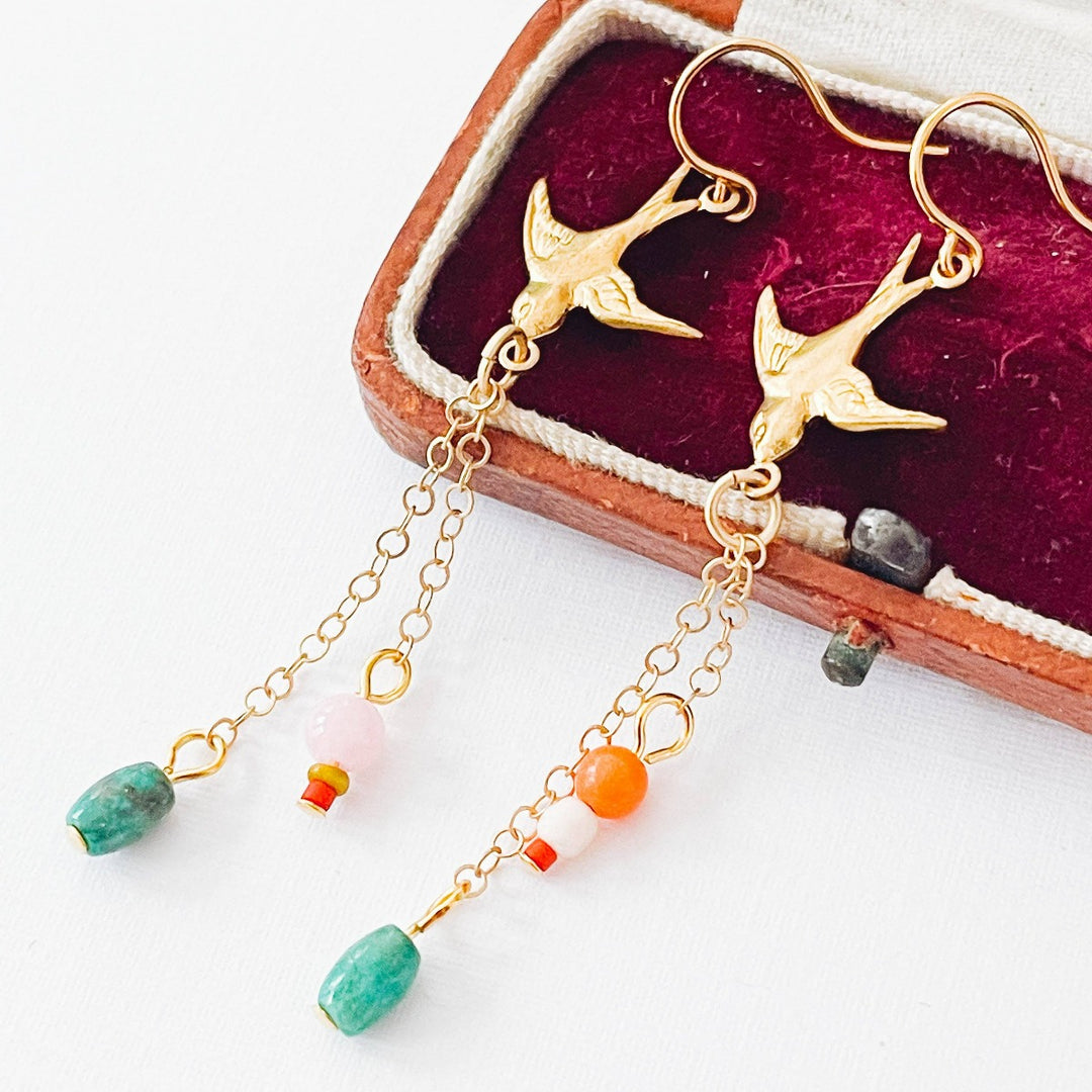 Nest Pretty Things | Long Bird Charm Earrings | Bird earrings with dangling beads.