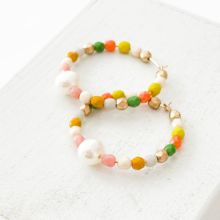 Nest Pretty Things | Pastel Gold filled Pearl Hoops | Colorfully bead hoops with a pearl and gold accents.