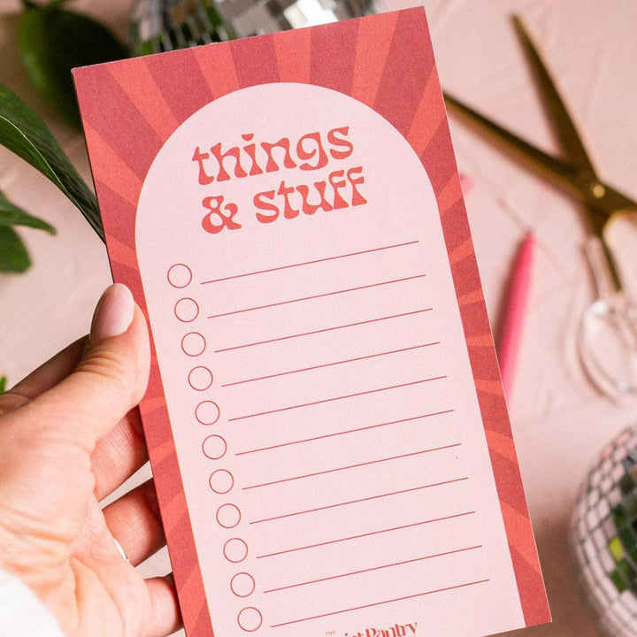 Things & Stuff Notepad | The Print Pantry | A red and orange sunshine "ray" notepad with the title "things & stuff".