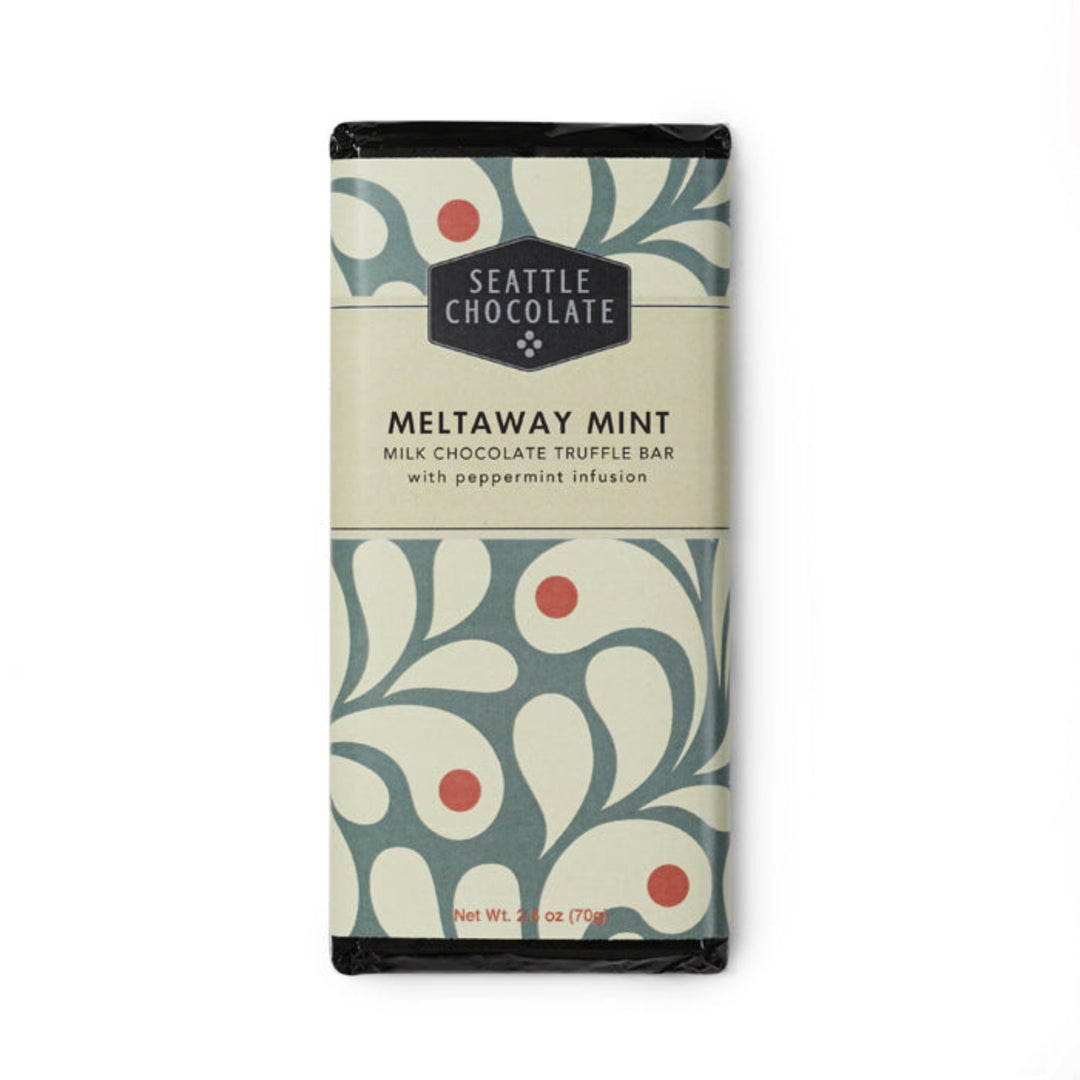 Seattle Chocolate - Meltaway Mint - Milk Chocolate Truffle Bar with Peppermint Fusion. Teal and mint green patterned packaging.