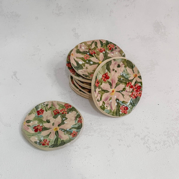 Andrea Durfee | Petite Floral Dishes | Small handcrafted ceramic dishes with a pink and green floral pattern.