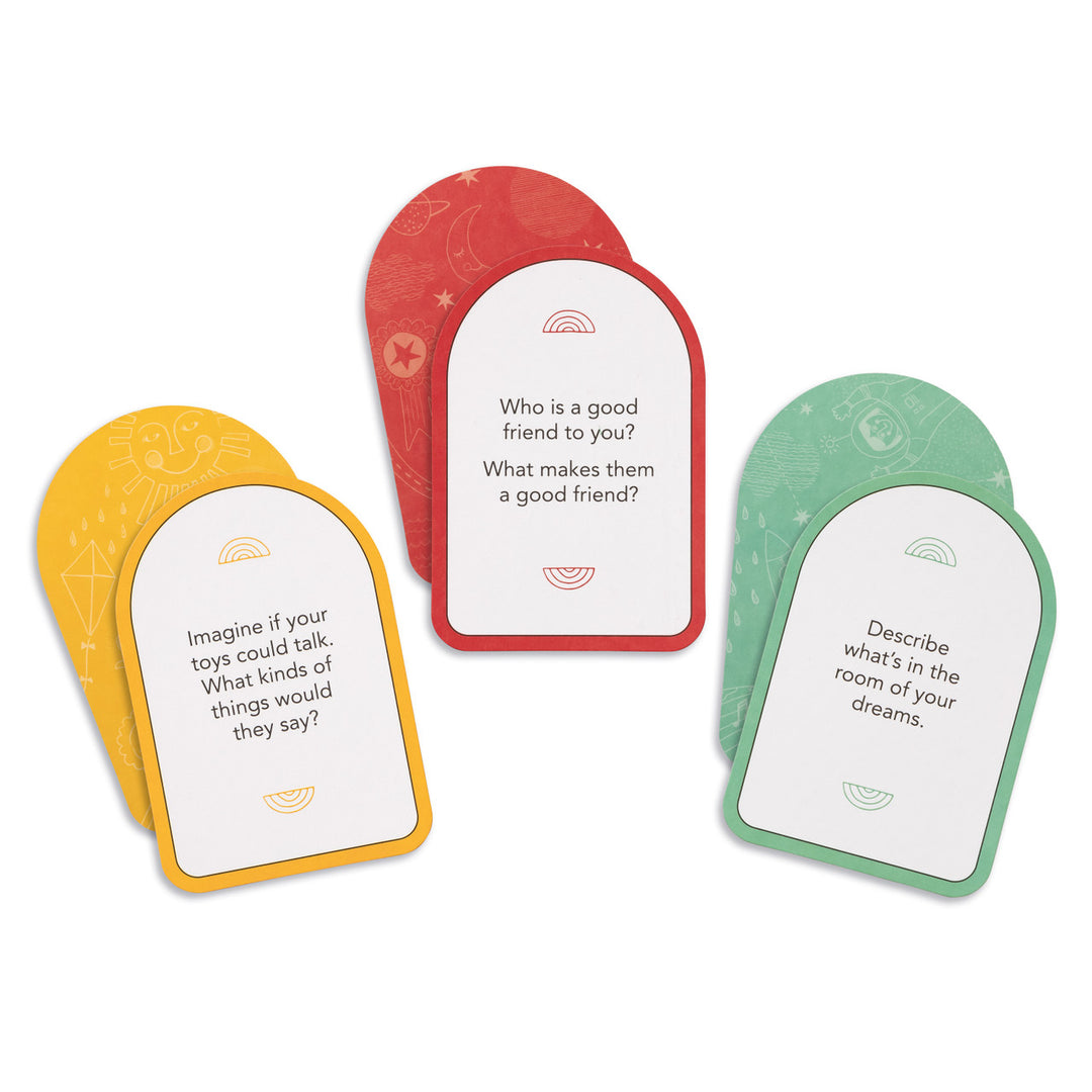 Open Up A Conversation | Sample cards saying "imagine if your toys could talk. What kinds of things would they say?" "Who is a good friend to you? What makes them a good friend?" "Describe what's in the room of your dreams".