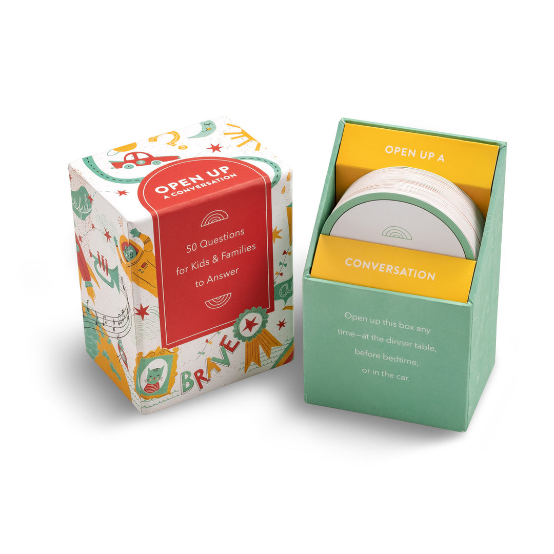 Open Up A Conversation | 50 questions for kids & families to answer. Open up this box any time- at the dinner table, before bedtime, or in the car. A playful red, yellow, and mint green box with childlike illustrations. Box opens to a mint green and yellow interior.