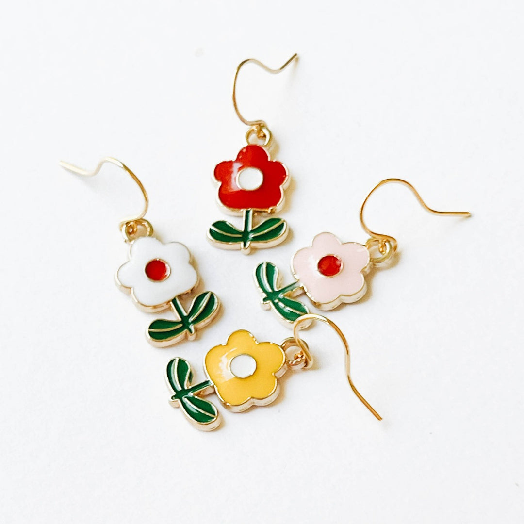 Nest Pretty Things | Small Enamel Flower Mismatch Earrings | Red, white, pink, and yellow.