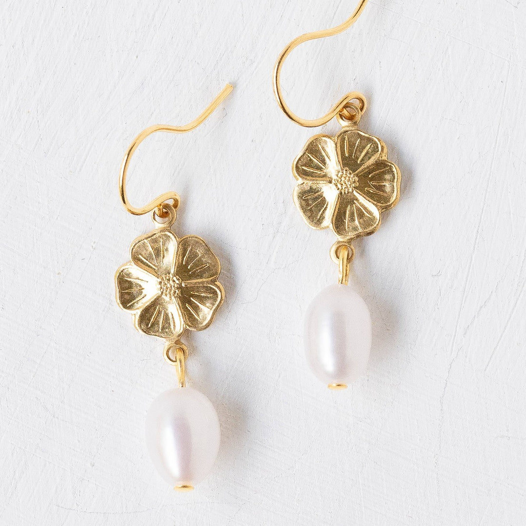 Nest Pretty Things | Flower And Pearl Dangle Earrings | A flower with a dangling white pearl.