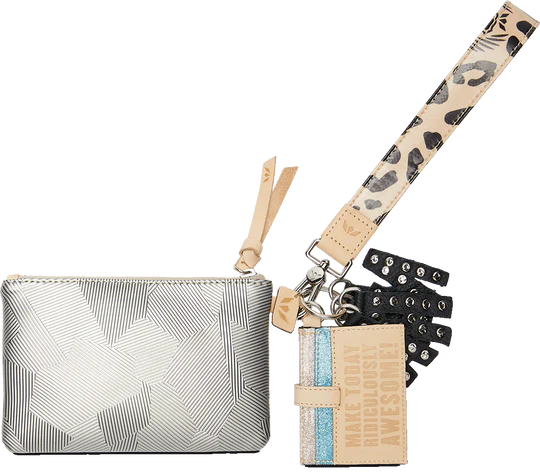 Bam Ba Combi Wristlet | A Gray, textured Diane exterior pouch, Diego natural leather logo accents, Diego leather, five card slots with D-ring, Black leather studded MTRA charm, Bam Bam ConsuelaCloth™, wristlet -5” H x 8” W, Pouch -9” L, Wristlet -3” H x 4” W, Cardholder -3” L Charm. Wallet says "Make Today Ridiculously Awesome!". 