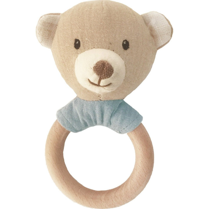 Swaddle and Rattle Set | Close up of the bear rattle, plush bear head with blue accent and wooden handle.