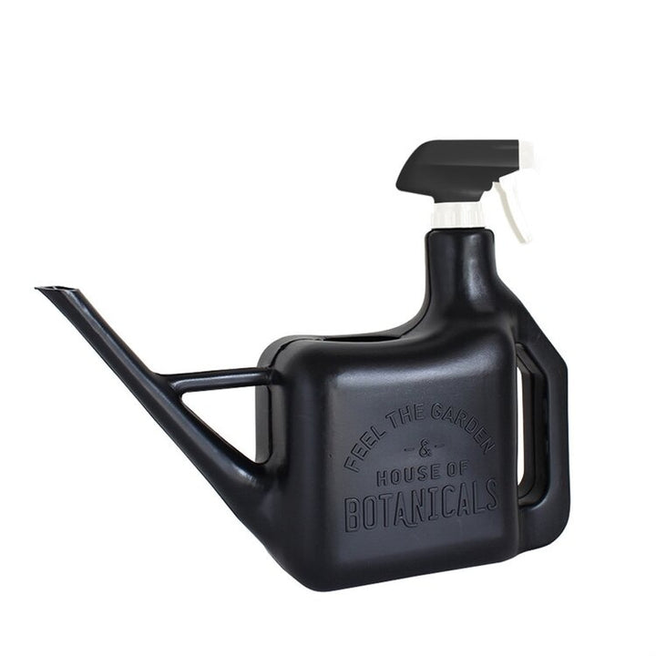 Spray Sprinkler Watering Can | Black watering can with pour nozzle on one side and spray nozzle on the handle side. Can reads "Feel the Garden & House of Botanicals".