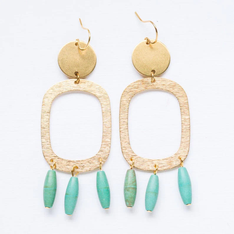 Brass and Turquoise Magnesite Earrings | Brass earrings with a small circle, open oval, and thee dangling Turquoise beads.