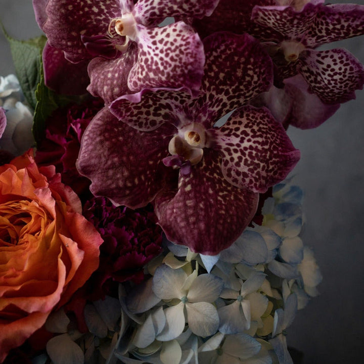 Bright and Beautiful | Close-up of Vanda orchid and rose | Stacy K Floral Rochester NY