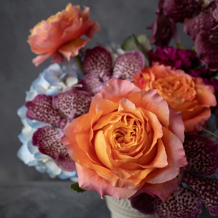 bright and Beautiful | Orange rose with Vanda orchid in a fresh flower arrangement | Stacy K Floral Rochester NY