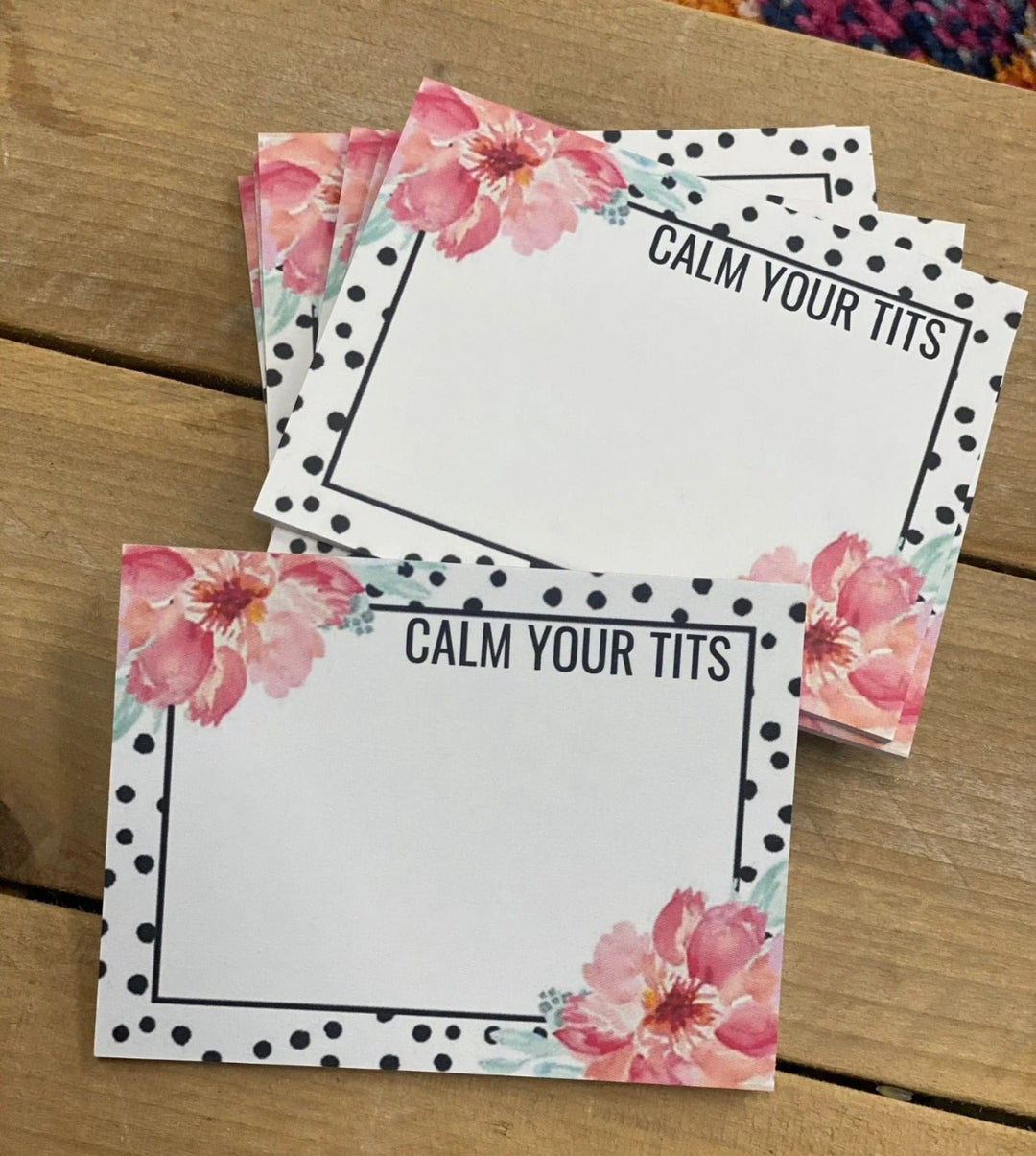 Assorted Sticky Notes | Calm Your Tits | Decorated with black an white polka dots and pink florals.