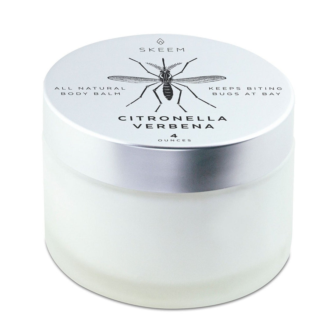 Citronella Verbena | Body Balm | Skeem | Frosted glass container with a silver colored lid. Reads "Skeem, all natural body balm, keeps biting bugs at bay, citronella verbena, 4 ounces.". Illustration of a mosquito in the middle of the lid.