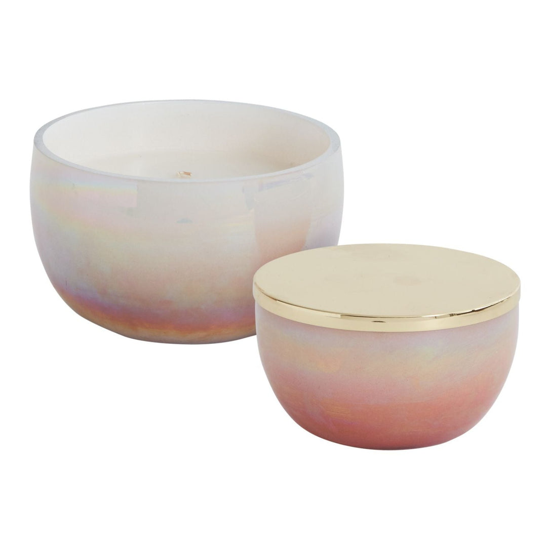 Daybreak | Pink to white gradient candles with a shiny gold lid.