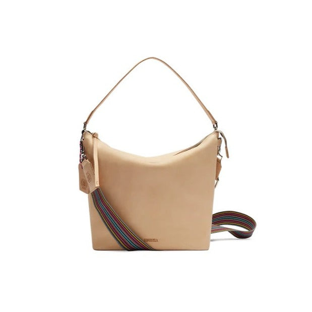 Diego Hobo | Consuela | A natural Diego leather bag with a nude accents and a multi color crossbody strap. can be used as a crossbody bag or handbag.