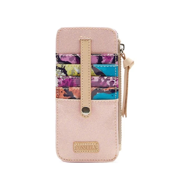 Card Organizers | Consuela | A sparkly pink card holder with nude accent straps and floral patterned card slots.