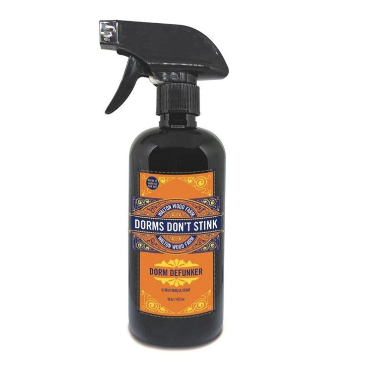 Walton Wood Farm | Dorms Don't Stink | Dorm defunker, 16 oz spray bottle. Orange and blue decorative geometric label on a black spray bottle.