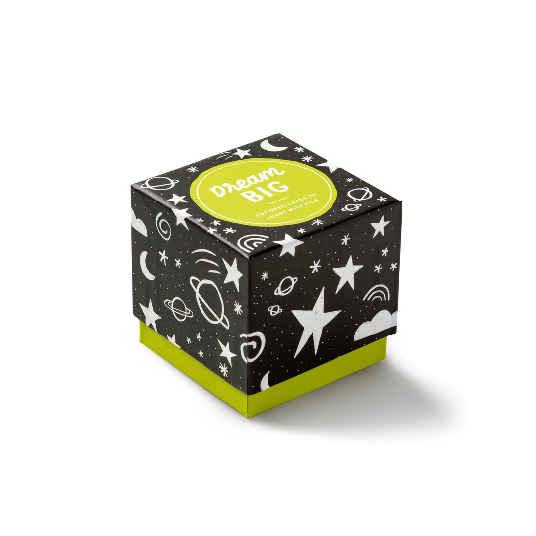 "Dream Big" Pop-Open Cards | A black box with an outer space pattern and lime green accents. Top reads "Dream Big, Pop-open cards to share with kids."