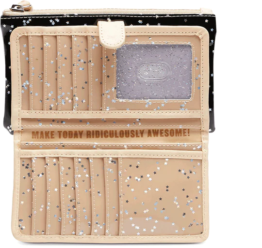 Dreamy Slim Wallet | Consuela Opened wallet revealing a nude interior with silver reflective stars. Text on the inside reads "Make Today Ridiculously Awesome!".