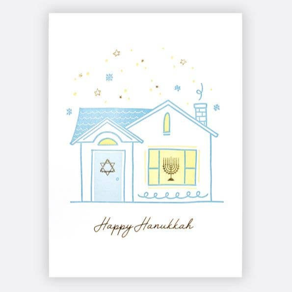 Elum Designs | Happy Hanukkah greeting house with an illustrated house on the front.