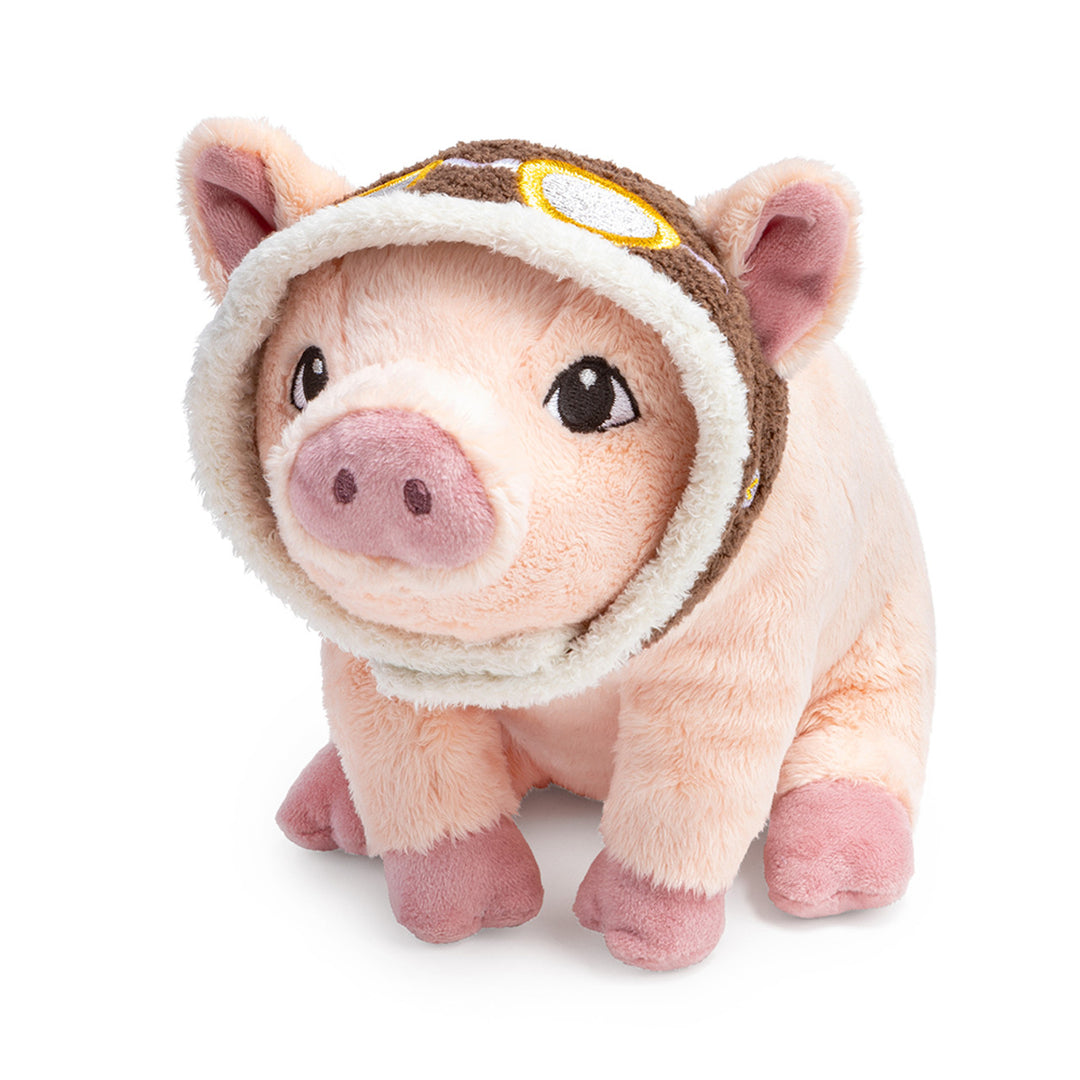 Flying Pig Plush | Pink pig plush with a brown and yellow pilot's cap.