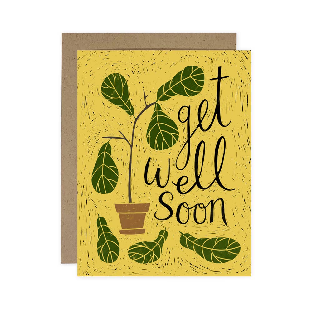 Get Well Soon Fig Tree Card | A yellow card with a green fiddle leaf fig houseplant and text "get well soon".