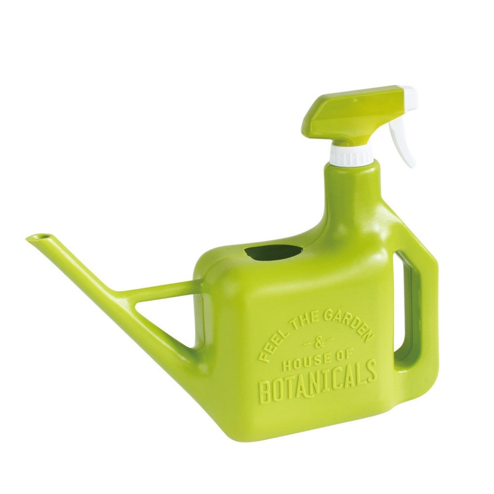 Spray Sprinkler Watering Can | Green watering can with pour nozzle on one side and spray nozzle on the handle side. Can reads "Feel the Garden & House of Botanicals".