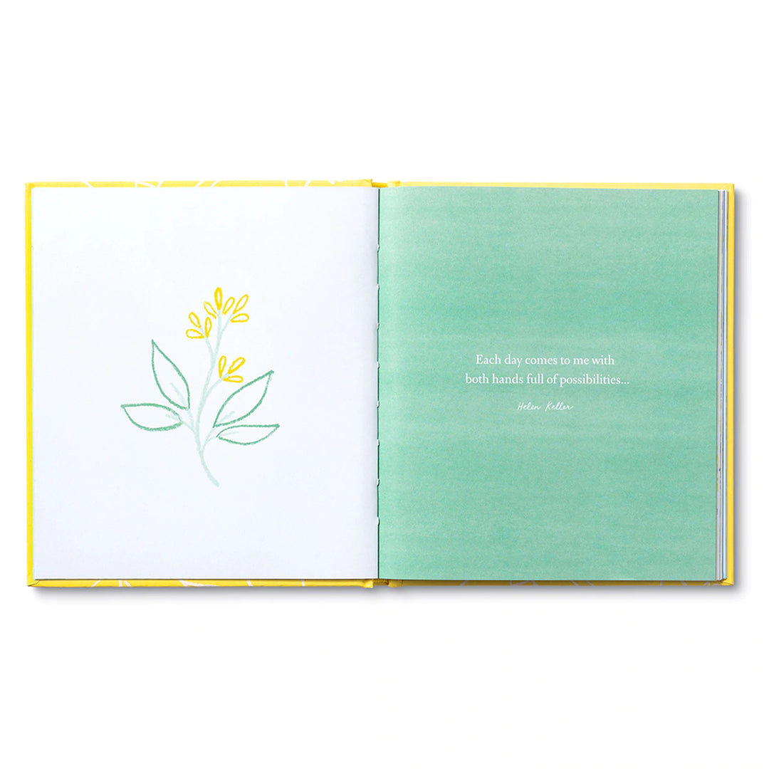 Happily Grateful | Open book spread with plant illustration on the left and mint green page in the right with text that reads: "Each day comes to me with both hands full of possibilities"