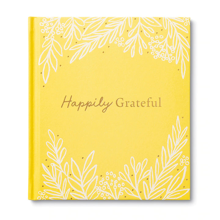Happily Grateful | A yellow book with white botanical pattern.