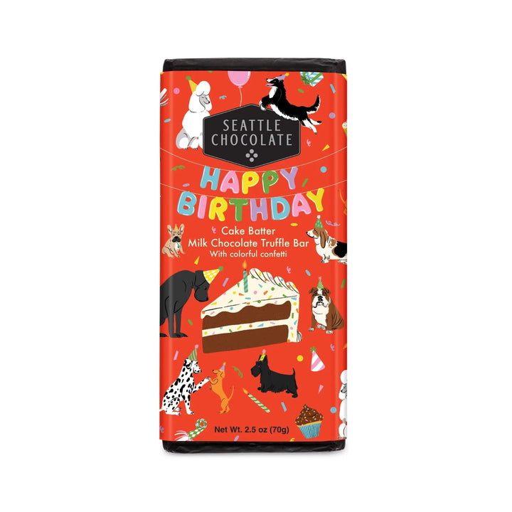 Seattle Chocolate Happy Birthday, Cake Batter, Milk Chocolate Truffle Bar, with colorful confetti. Red packaging with art featuring a cake and dogs with party hats.
