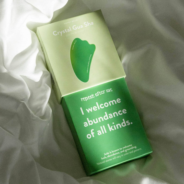 Honey Belle Jade Gua Sha Tools are hand-carved out of authentic crystals and gemstones, with the intention to deeply massage the skin to increase blood circulation and promote lymphatic drainage for healthier, glowing skin.