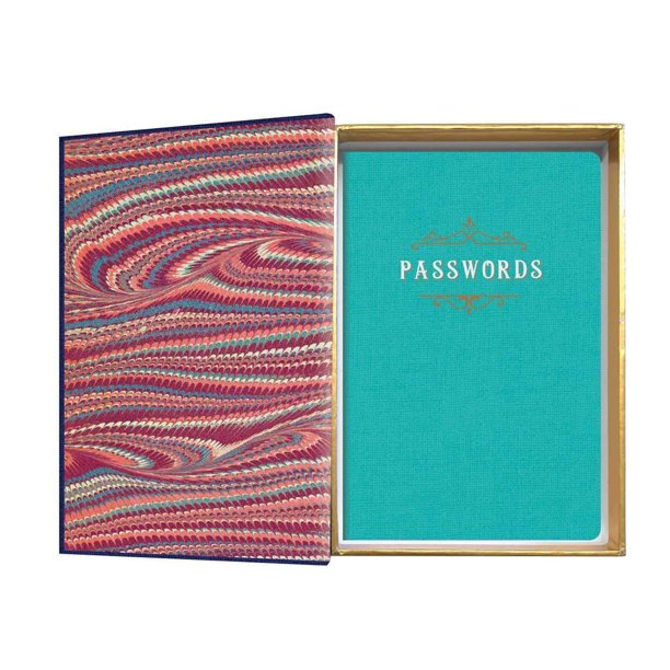 In Plain Sight Book Safe | A colorful inside cover with a light teal blue notebook in side. One side of the notebook says passwords, the other side says notes.
