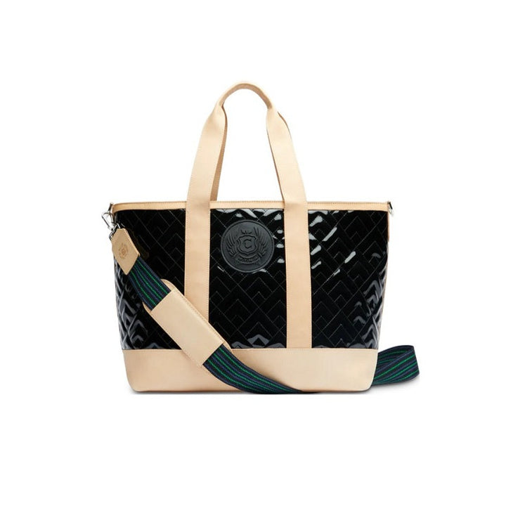 Inked Max Tote | Consuela | A Glossy black tote with Diego leather accents and a blue/black/green crossbody strap.