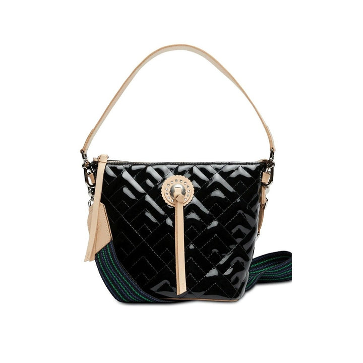Inked Wedge | A glossy black bag with Diego leather accents/handle and a blue/green strap.