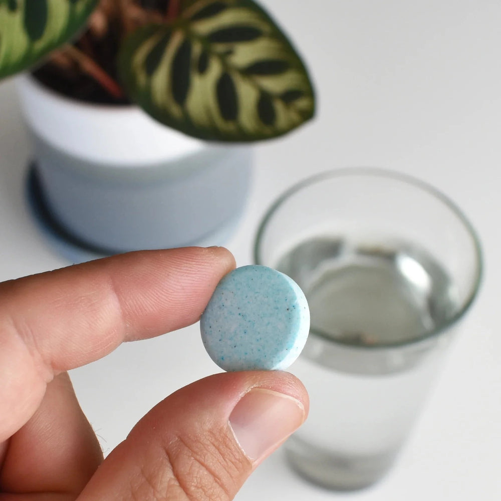 Instant Plant Food | Person holding a small blue tablet with a cup full of water in the background.