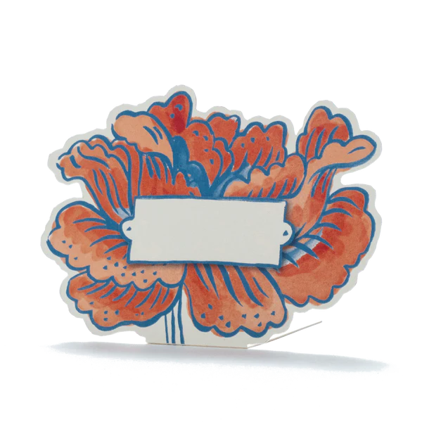 Place Cards | Hester & Cook | A place card the folds along the bottom, has a blank space for writing, and features an orange/blue illustrated flower.