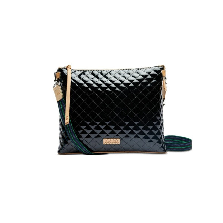 Jax Downtown Crossbody | A glossy black bag with Diego leather accents and a black/green/blue crossbody strap.