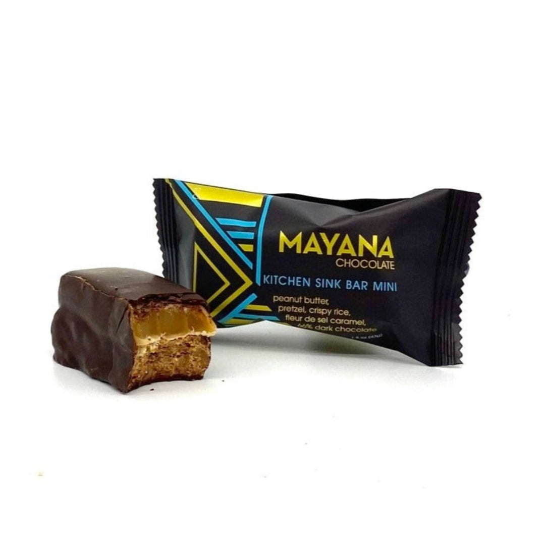 Mayana Chocolate Kitchen Sink Bar Mini. Peanut butter, pretzel, crispy rice, fleur de sel caramel, 66% dark chocolate. 1.75 oz. Photo featuring black, blue, and gold packaging.