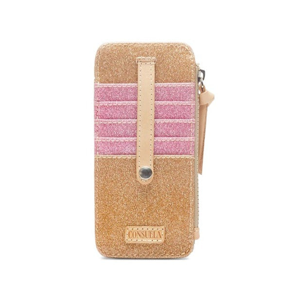 Card Organizers | Consuela | A sparkly gold card holder with nude accent straps and sparkly pink card slots.