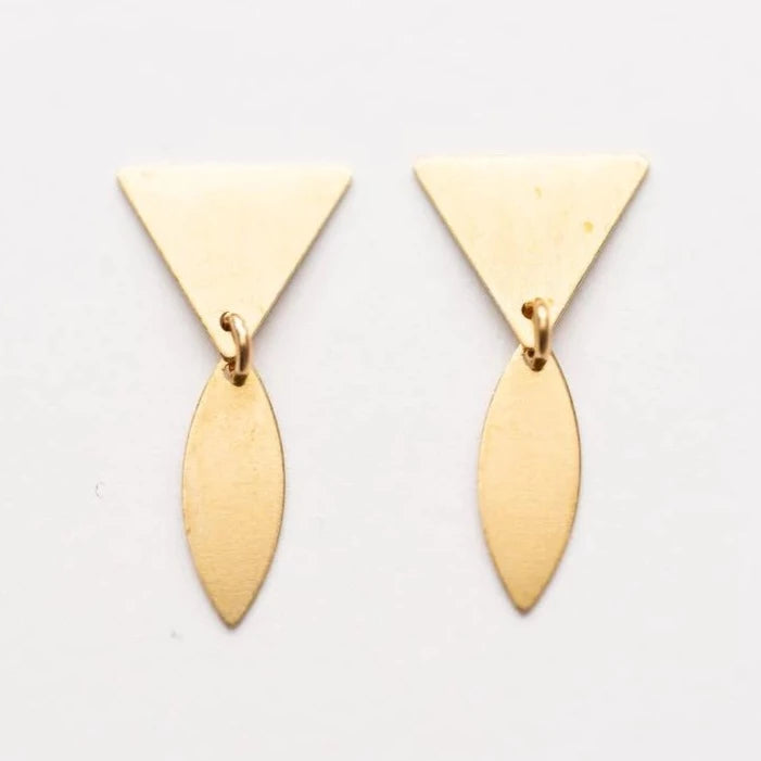 Little Stud Earrings | Nest Pretty Things | Brass and gold plated stud earrings in the shape of a triangle with a little Marquise shaped drop.