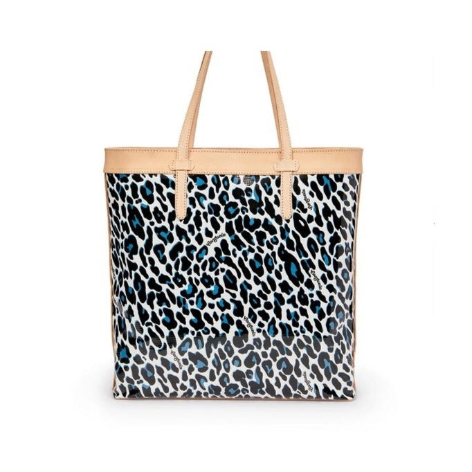 Lola Slim Tote | Consuela | A front view of the white/blue/black leopard print tote with Diego leather accents and handle.