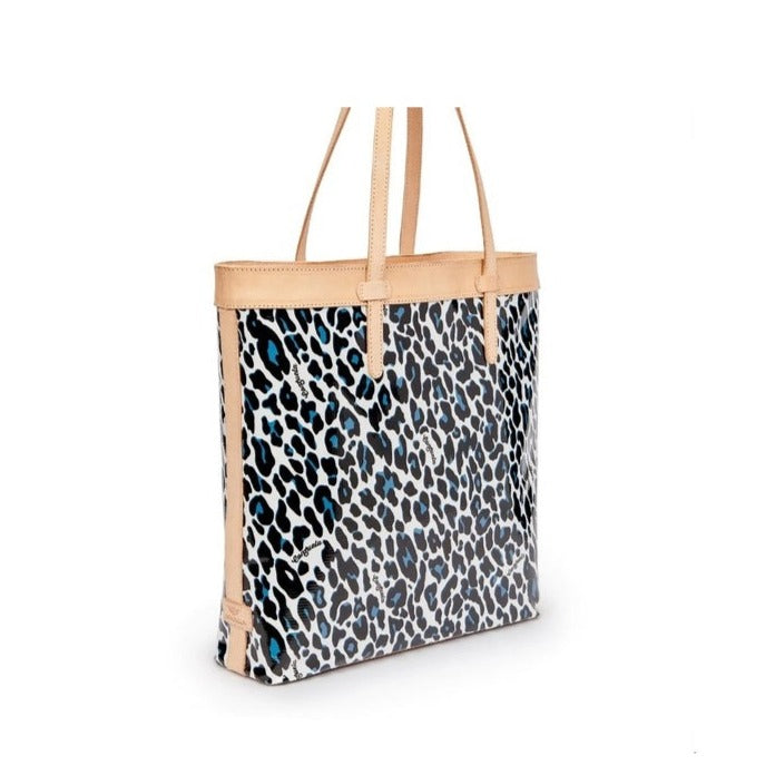 Lola Slim Tote | Consuela | A blue/black/white leopard print tote with Diego leather accents and handle.