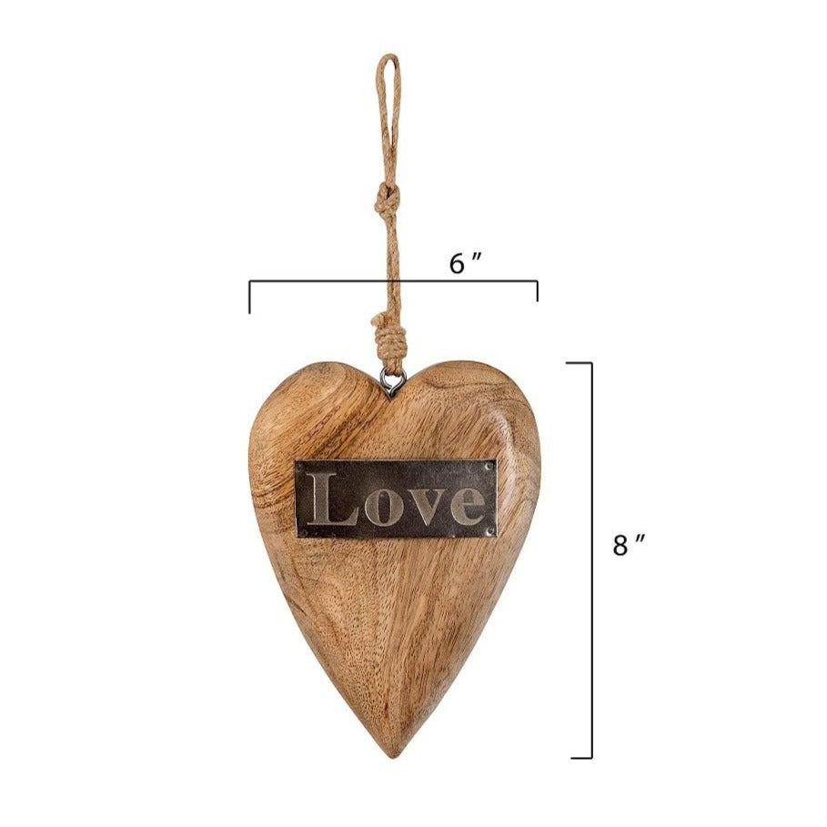 Hanging Mango Wood Heart w/ Metal "Love" | Wooden heart metal "Love" plate, hanging with rustic twine. Measuring marks shown on image: 6" wide, 8" tall, and 1" thick.