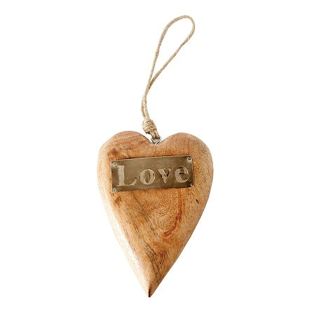 Hanging Mango Wood Heart w/ Metal "Love" | Wooden heart metal "Love" plate, hanging with rustic twine.