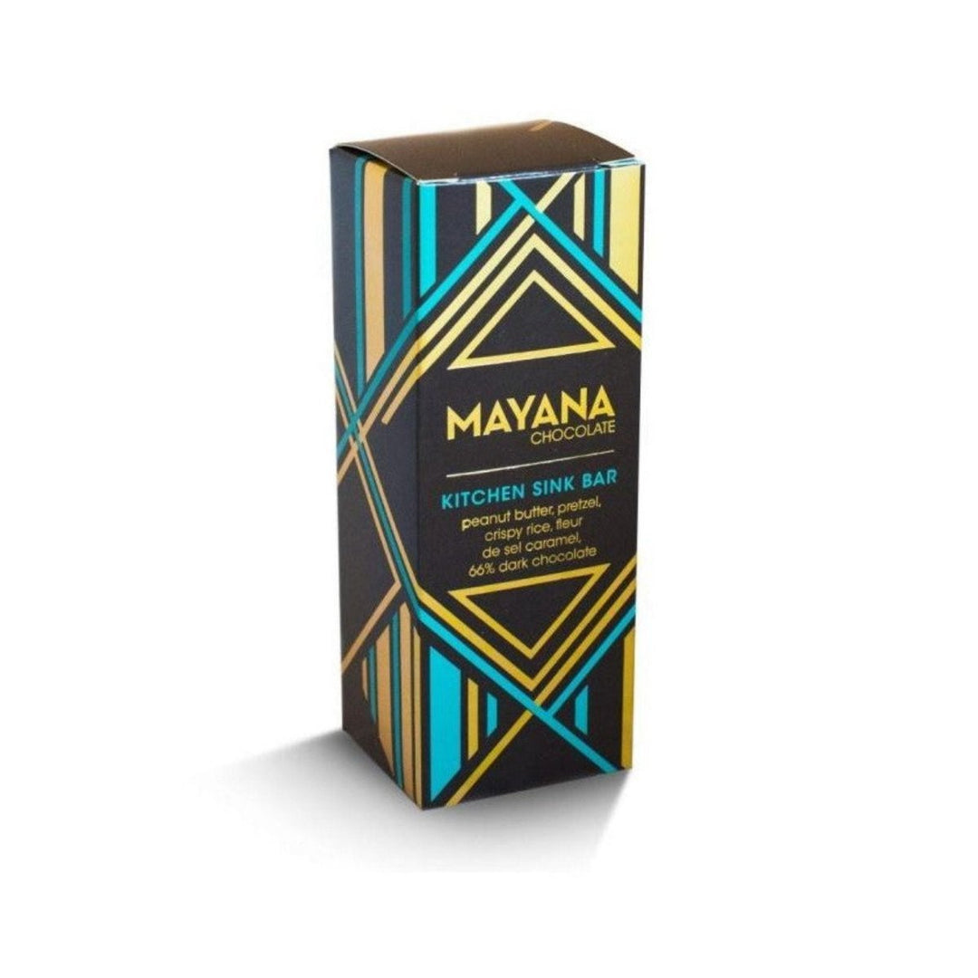 Mayana Kitchen Sink Bar - Mayana Chocolate - peanut butter, pretzel, crispy rice, fleur de sel caramel, 66% dark chocolate. Black box with blue, gold and geometric pattern.