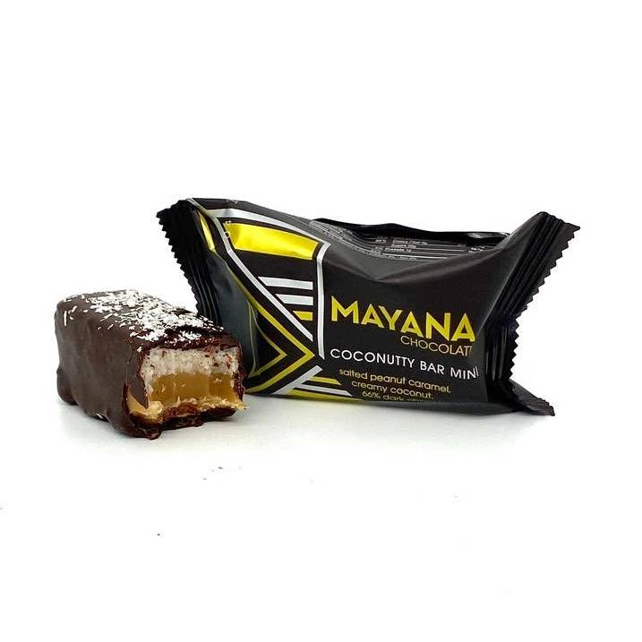 Mayana Chocolate |  Mini Coconutty Bar | A dark package with text "Mayana chocolate, coconutty bar, salted peanut caramel, creamy coconut, 66% dark chocolate"