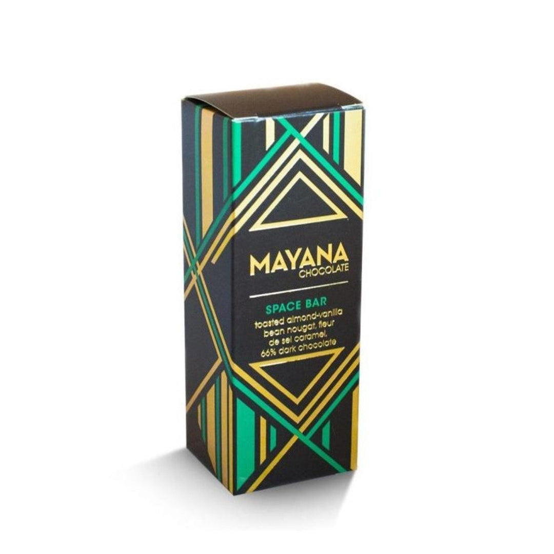 Mayana Space Bar - Mayana Chocolate. Space bar, toasted almond-vanilla bean nougat, fleur de sel caramel, 66% dark chocolate.