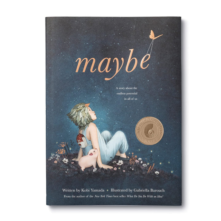 Maybe: A story about the endless potential in all of us | Illustrated cover with a star-filled night background and a child sitting on a grassy hill looking up at the stars with their pet pig next to them.